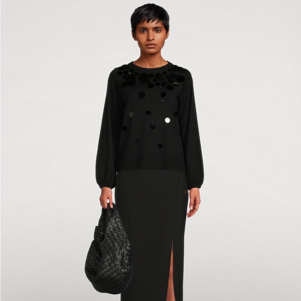 NEW AKRIS Punto Large Sequined 100% Virgin Wool Pullover Black Size 12